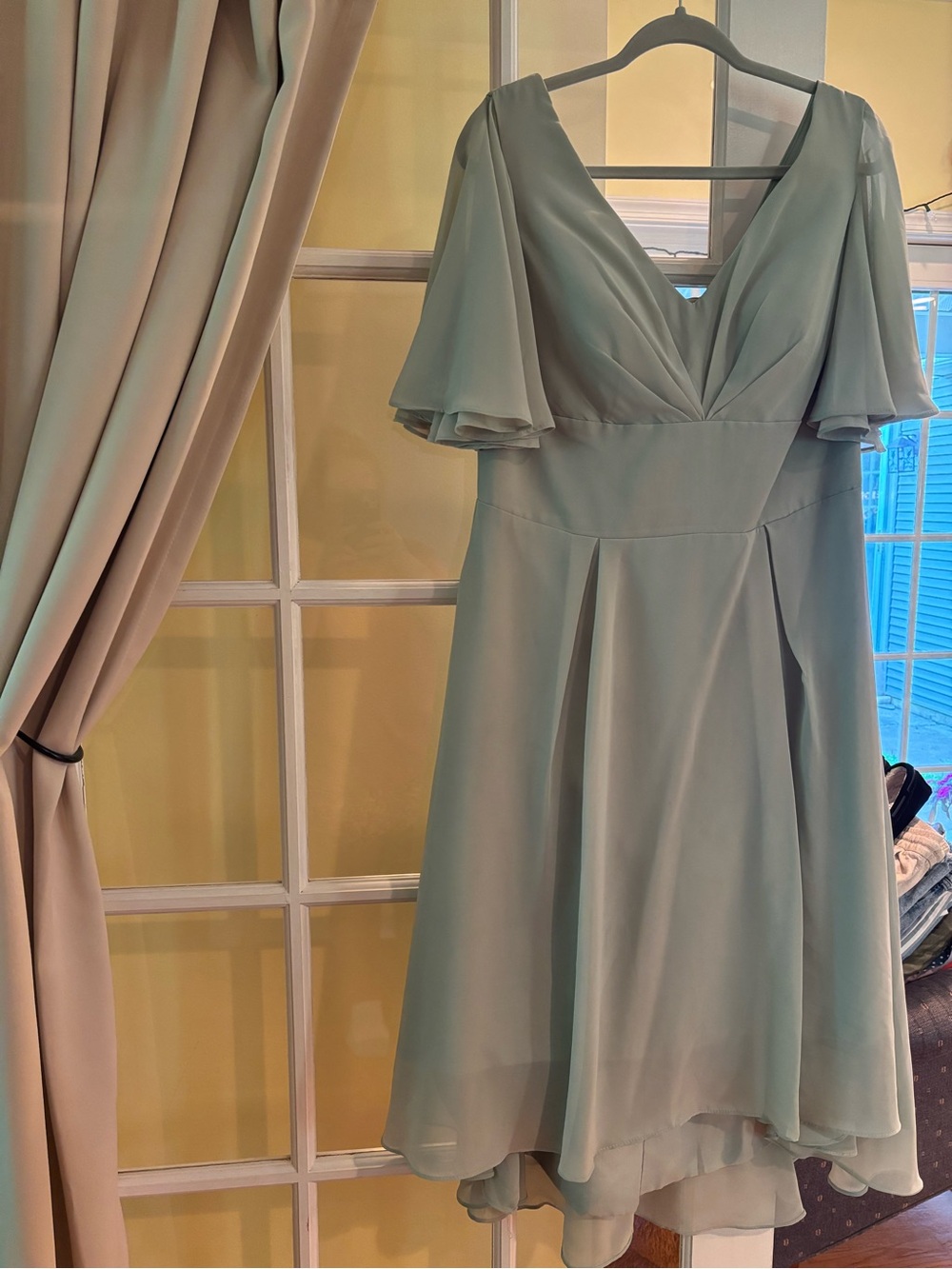 Elegant women’s Sage Green V-Neck Chiffon Dress